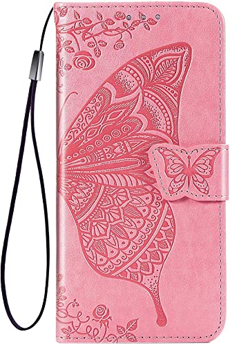 TEYYOS Schmetterling Flip Folio Hülle für Xiaomi Redmi Note 13 4G, Schutzhülle PU/TPU Leder Klapptasche Handytasche mit Kartenfächer, Handyhülle - Rosa von TEYYOS