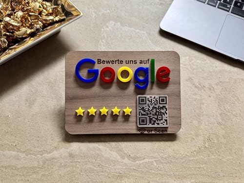 Bewertungssystem Bewertungsaufsteller Google zum einfachen sammeln von Bewertungen. Schild Aufsteller für Unternehmen Läden Shops Restaurants. mit QR Code und NFC (Holz Nuss) von TF Skins