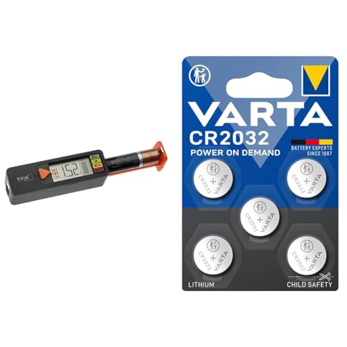 TFA Dostmann Batterietester BatteryCheck, 98.1126.01 & VARTA Batterien Knopfzellen CR2032, 5 Stück, Power on Demand, Lithium, 3V von TFA Dostmann