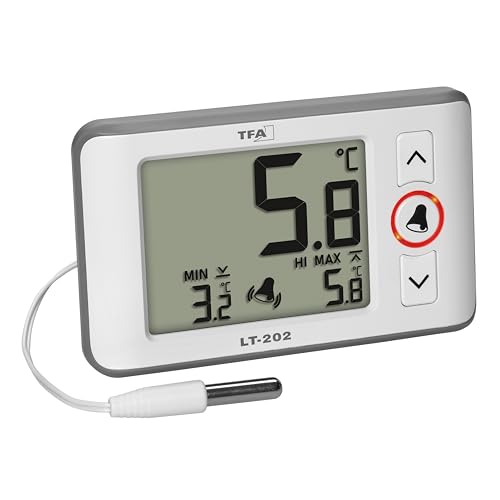 TFA Dostmann Digitales Profi-Thermometer mit wasserdichten Kabelfühler LT202, 30.1052, permanente Anzeige der Max.-Min.-Werte, Temperaturalarm, für Aquarien/Kühlschränke geeignet, weiß von TFA Dostmann