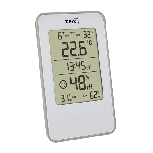 TFA Dostmann Digitales Thermo-Hygrometer, 30.5057, für Innen, Luftfeuchtigkeitsmesser mit Raumthermometer, zur Schimmelvermeidung, für Wohnzimmer, Garage, Schlafzimmer geeignet, 72 x16x120 mm, weiß von TFA Dostmann