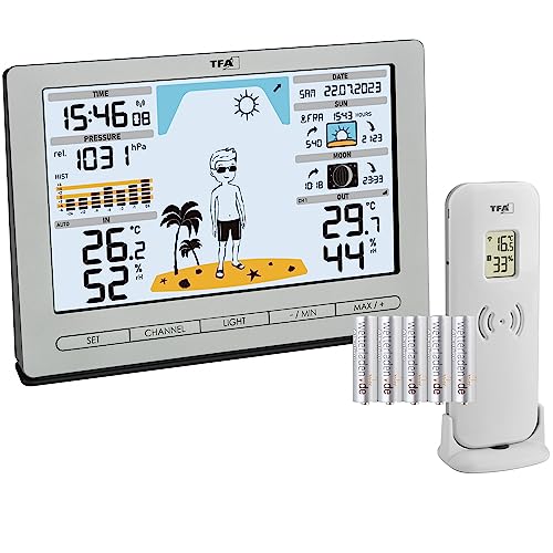 TFA Dostmann Funk Wetterstation METEO JACK, 35.1097.01, inkl Außensender, mit Wettervorhersage, Luftdruck, Mondphase, Sonnenaufgang- & -untergang, Funkuhr, silber mit Batterien von TFA Dostmann