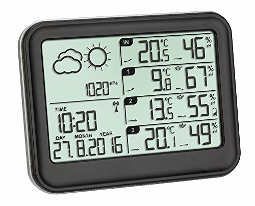 TFA Dostmann Funk-Wetterstation View, 35.1142.01, mit 3 Aussensender, inkl Funkuhr, Wettervorhersage, mit Temperatur und Luftfeuchtigkeit, L 131 x B 26 (63) x H 102 (98) mm, mit Batterien von TFA Dostmann