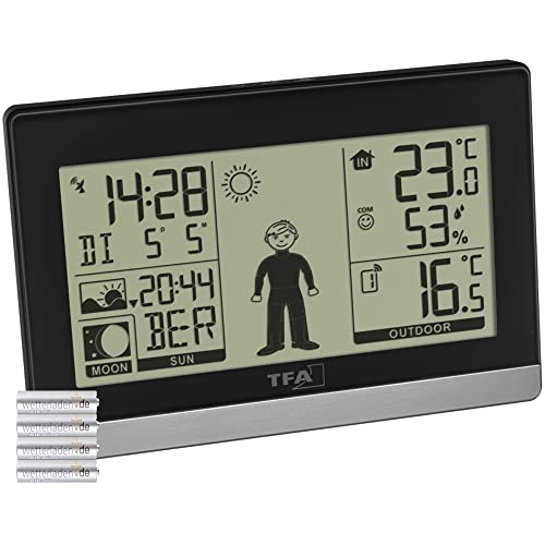 TFA Dostmann Funk-Wetterstation Weather Boy, 35.1159, Außen-/Innentemperatur, Wettervorhersage, Mondphase/Sonneauf-und untergänge (Schwarz mit Batterien) von TFA Dostmann