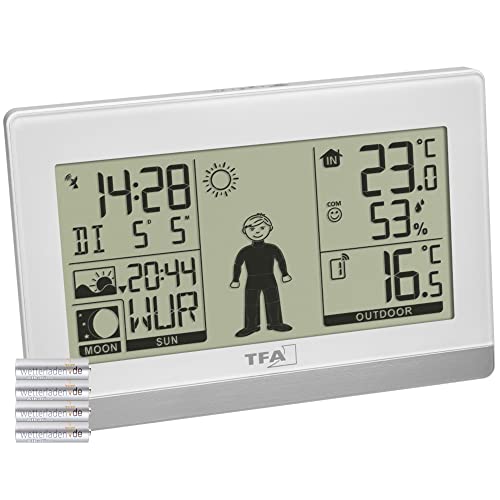 TFA Dostmann Funk-Wetterstation Weather Boy, 35.1159, Außen-/Innentemperatur, Wettervorhersage, Mondphase/Sonneauf-und untergänge (Weiss mit Batterien) von TFA Dostmann