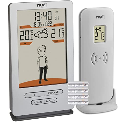 TFA Dostmann Funk Wetterstation Weather Jack, 35.1166.54, Außen- und Innentemperatur, Wettervorhersage, mit Bekleidungsvorschlägen, Funkuhr, silber, 146 x 82 x 27 (47) mm, mit Batterien von TFA Dostmann