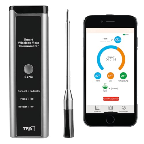 TFA Dostmann Kabelloses Fleischthermometer SMART BBQ 70 m, 14.1515.10, Grillthermometer, für Grill/Backofen/Heißluftfritteuse, Geschirrspüler geeignet, Bratenthermometer, Küchen-Chef, schwarz-grau von TFA Dostmann