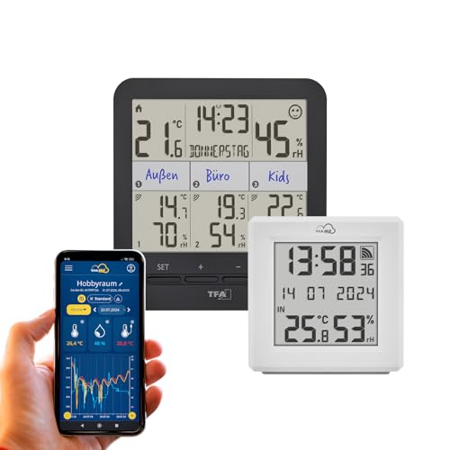 TFA Dostmann Raumklimaüberwachung Starter Set TFA.me ID-01 + Klima@Home2, zur Messung von Temperatur und Luftfeuchtigkeit, TFA.me Portal, E-Mail Benachrichtigung, zur Schimmelvermeidung, inkl 3 Sender von TFA Dostmann