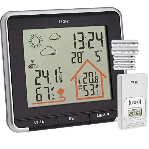 TFA Dostmann Wetterstation Funk Life, digitale Funkwetterstation, Luftfeuchtigkeit, Temperatur, mit Hintergrundbeleuchtung, Wettersymbole, L 138 x B 28 (67) x H 125 mm, schwarz mit Batterien von TFA Dostmann