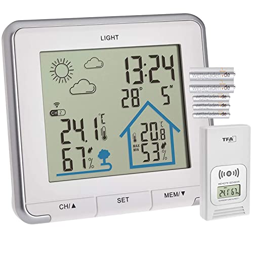 TFA Dostmann Wetterstation Funk Life, digitale Funkwetterstation, Luftfeuchtigkeit, Temperatur, mit Hintergrundbeleuchtung, Wettersymbole, L 138 x B 28 (67) x H 125 mm von TFA Dostmann