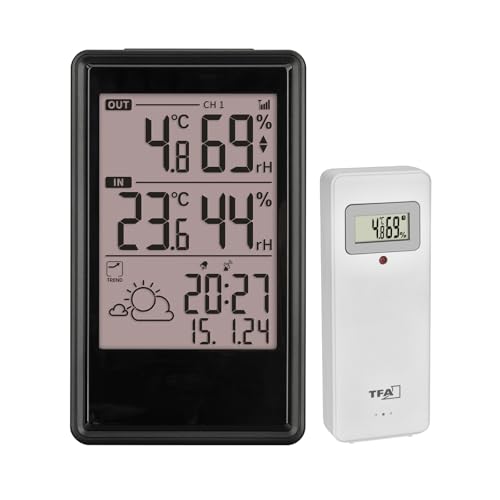 TFA Dostmann Wetterstation Funk mit Außensensor ETNA, 35.1173, Thermometer/Luftfeuchtigkeit innen außen, inkl Funkuhr, Wettervorhersage mit Symbolen, Raumklimakontrolle, digital, gut ablesbar, schwarz von TFA Dostmann
