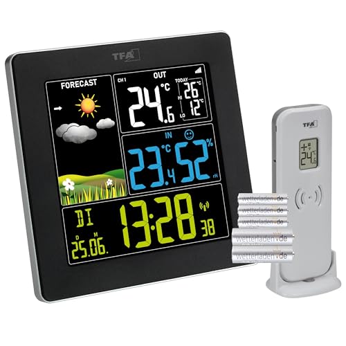 TFA Dostmann Wetterstation Funk mit Außensensor SUN2 digital, 35.1174, für Innen und Außentemperatur, großes Farbdisplay, Wohnklima, Funkuhr mit Datum, Hygrometer, mit Netzteil, schwarz mit Batterien TFA Dostmann Wetterstation Funk mit Außensensor SUN2 digital, 35.1174, für Innen und Außentemperatur, großes Farbdisplay, Wohnklima, Funkuhr mit Datum, Hygrometer, mit Netzteil, schwarz mit Batterien von TFA Dostmann