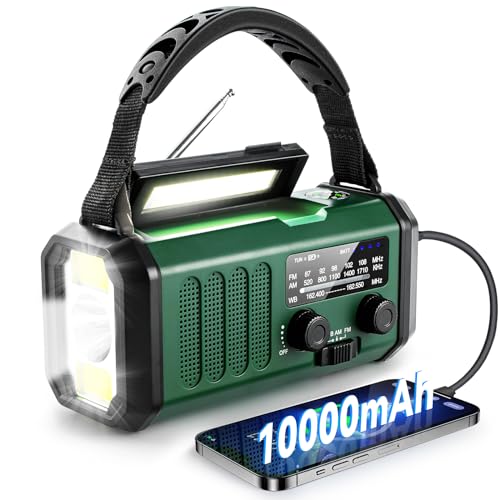 10000 mAh Solarradio, NOAA Notfall-Wetterradio, Typ-C Ladegerät, tragbares Solar-AM-FM-NOAA-Radio mit USB-Ladegerät, Taschenlampe, Leselampe, Kompass, SOS für Outdoor, Camping, Hurricane Storm von TFTDOUP