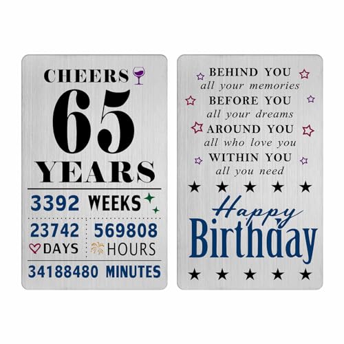 Einzigartige Geschenke zum 65. Geburtstag – 65 Jahre alte Geburtstagskarte mit Lasergravur – langlebiges Andenken aus Metall von TGCNQ