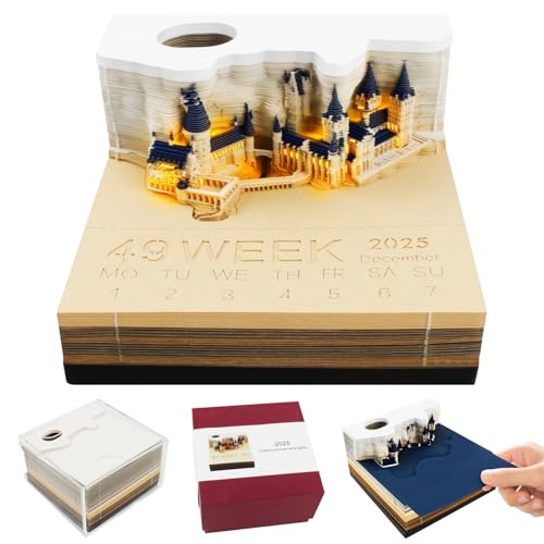 3D Kalender Abreißen 2025, TGKYK 9 * 9 * 4 CM 3D Kalender 2025, 3D Memo Pad Kalender 2025 mit LED, Beleuchtet Artsy Pads Kalender für Schreibtischdekorationen, Geschenke (Magic Castle) von TGKYK