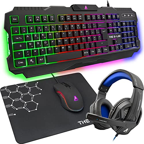 THE G-LAB Combo Argon E - 4-in-1-Gaming-Paket - Beleuchtete QWERTZ-Gamertastatur, 3200-DPI-Gamermäuse, Gaming-Headset, rutschfeste Mausunterlage - für PC PS4 PS5 und Xbox One & X - Schwartz von THE G-LAB