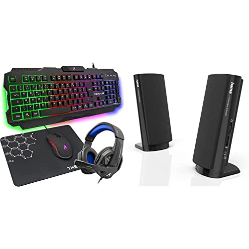 THE G-LAB Combo Argon E - 4-in-1-Gaming-Paket - Beleuchtete QWERTZ-Gamertastatur, 3200-DPI-Gamermäuse - Schwartz & Hama Multimedia Lautsprecher E 80 schwarz von THE G-LAB