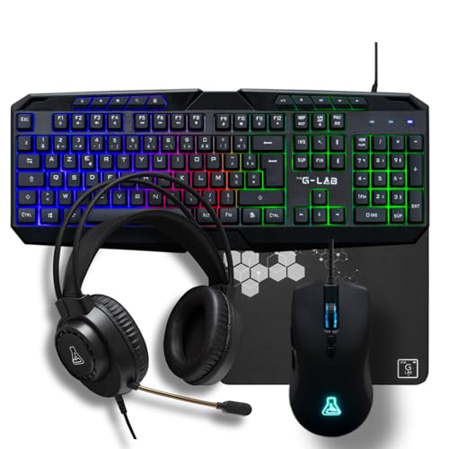 The G-Lab - Combo Natrium – Gaming-Tastatur 4-in-1 – Gaming-Tastatur AZERTY USB, RGB, 19 Antihosting-Tasten, Gaming-Maus 6400 DPI, Gaming-Kopfhörer & Mauspad – PC/PS4/PS5/Xbox von THE G-LAB