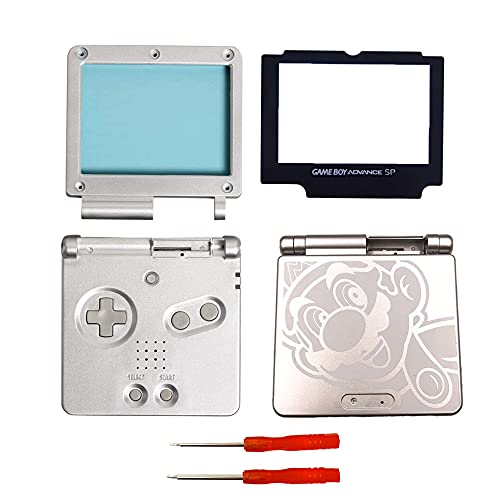 THE TECH DOCTOR Ersatzgehäuse für Gameboy Advance SP Gehäuse Gehäuse Gehäuse Bildschirm Linse und Tasten – Professionelles Reparatur-Set inkl. Werkzeug (Mario Silber) von THE TECH DOCTOR