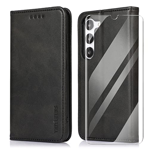 THIYUFUNS Handyhülle für Samsung Galaxy S23 5G Leder Hülle + Panzerglas Schutzfolie,Magnet Klapphülle Case Cover Schutzhülle - Schwarz von THIYUFUNS