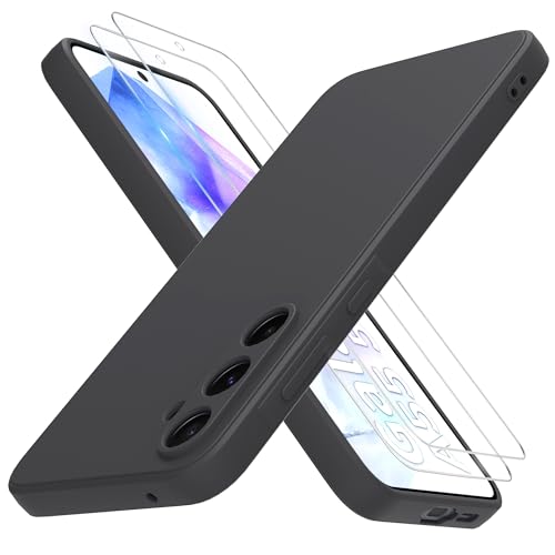 THIYUFUNS Hülle für Samsung Galaxy A55 5G Handyhülle mit 2 Stück Schutzfolie, TPU Silikon Liquid Silicone Dünne Weiche Stoßfest Case Schutzhülle für Samsung Galaxy A55 5G (6.6") - Schwarz von THIYUFUNS