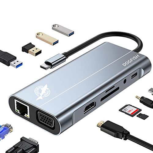 Dogfish USB C Docking station, 11 in 1 Triple Display Typ C Adapter mit RJ45 Ethernet, 4K HDMI, VGA, PD Aufladung, USB 3.0 & USB 2.0, SD/TF Kartenleser, 3,5 mm Audio, Multiport Adapter für MacBook Pro von THREE COLOUR DOGFISH