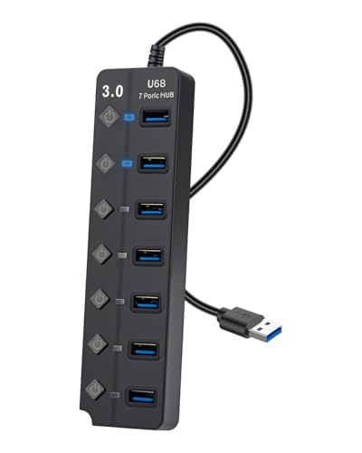 7-Port USB 3.0-Hub mit einzelnen Schaltern, mehrere Ports, Adapterverlängerung, schneller Datenhub, tragbarer USB-Splitter für PC, Laptop, Drucker von TIANXUAN