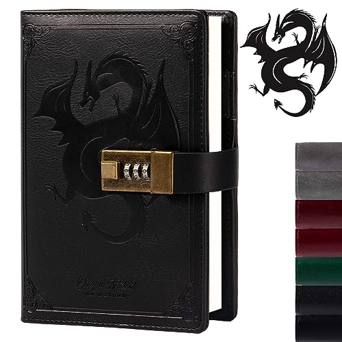 Dragon Leder-Tagebuch, Hardcover Notizbuch, verriegeltes nachfüllbares Tagebuch, liniertes/blankes Papier, Schreib-Tagebücher mit Zahlenschloss für Männer, Frauen, Kind (Schwarz) von TIEFOSSI