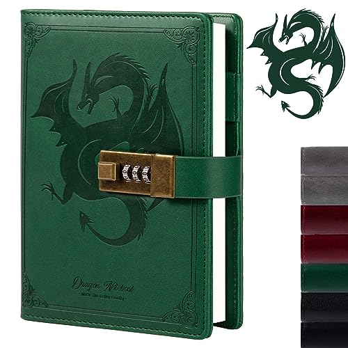 Dragon Leder-Tagebuch, Hardcover Notizbuch, verriegeltes nachfüllbares Tagebuch, liniertes/blankes Papier, Schreibjournals mit Zahlenschloss für Männer, Frauen, Kind (grün) von TIEFOSSI