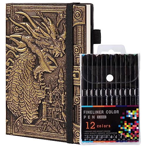 Dragon Notizbuch mit 12 Farbstiften, A5, geprägtes Schreiben, Hardcover, 200 Seiten, Papier, mehrfarbiger Stift, 20,5 x 14,5 cm, bronzefarben von TIEFOSSI
