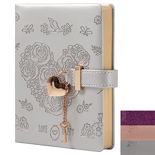 Heart Lock Journal Notebook mit Schlüssel, Glitzer Lila PU Leder Tagebuch, B6 Journal zum Schreiben, 144 Blatt liniertes Papier, Geschenk für Mädchen, Frauen (Blume Grau) von TIEFOSSI