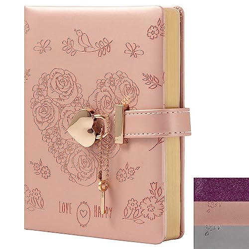 TIEFOSSI Heart Lock Journal Notebook mit Schlüssel, Glitzer Lila PU Leder Tagebuch, B6 Journal zum Schreiben, 144 Blatt liniertes Papier, Geschenk für Mädchen, Frauen (Blume Pink) von TIEFOSSI