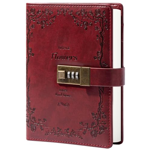 Tagebuch aus Leder mit Schloss mit Zahlenkombination, liniert, nachfüllbares Papier, 205 x 140 mm, Rot von TIEFOSSI