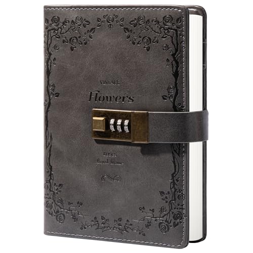 Tagebuch aus Leder mit Schloss mit Zahlenkombination, liniert, nachfüllbares Papier, 205 x 140 mm (grau) von TIEFOSSI
