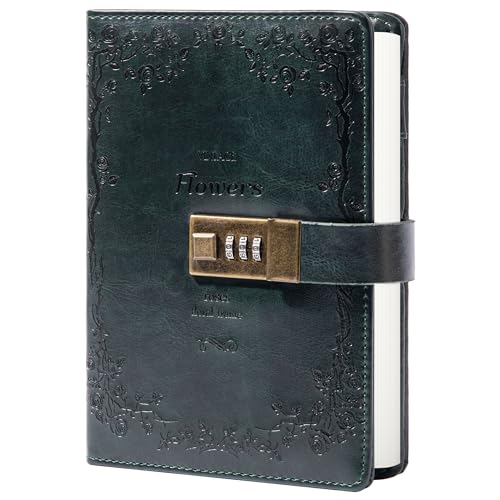 Tagebuch aus Leder mit Schloss mit Zahlenkombination, liniert, nachfüllbares Papier, 205 x 140 mm (grün) von TIEFOSSI