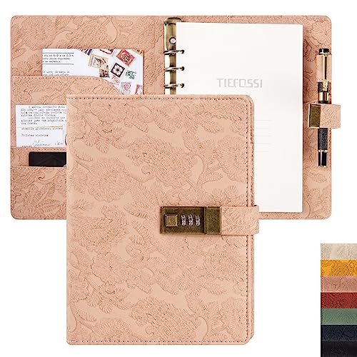 Vintage 6 Ringe Binder Journal Notizbuch mit Schloss, A5 Hardcover Blume geheimes Passwort Tagebuch, nachfüllbares liniertes Briefpapier für Frauen (Rosa) von TIEFOSSI