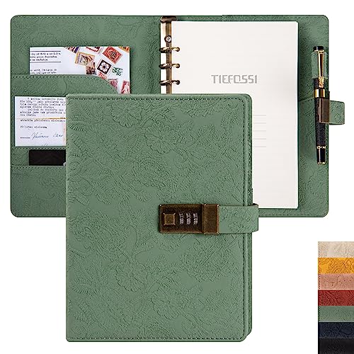 Vintage 6 Ringe Binder Journal Notizbuch mit Schloss, A5 Hardcover Blume geheimes Passwort Tagebuch, nachfüllbares liniertes Schreibpapier für Frauen (Grün) von TIEFOSSI