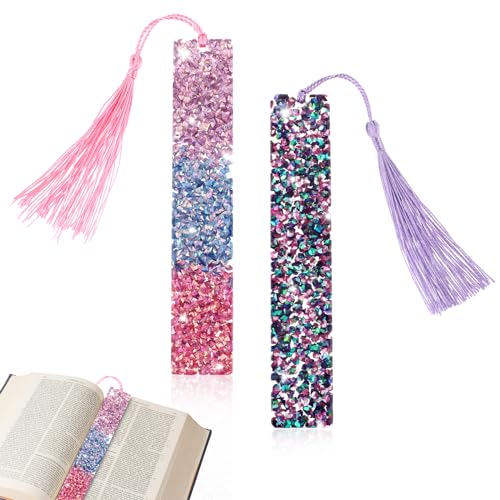 TIESOME 2pcs Glitzerpulver Lesezeichen, Strass Kunst Lesezeichen Personalisiert Bookmark mit Quaste Nettes handgefertigt transparenter Seitenmarker für Erwachsene Frauen Teenager Kinder Geschenk von TIESOME