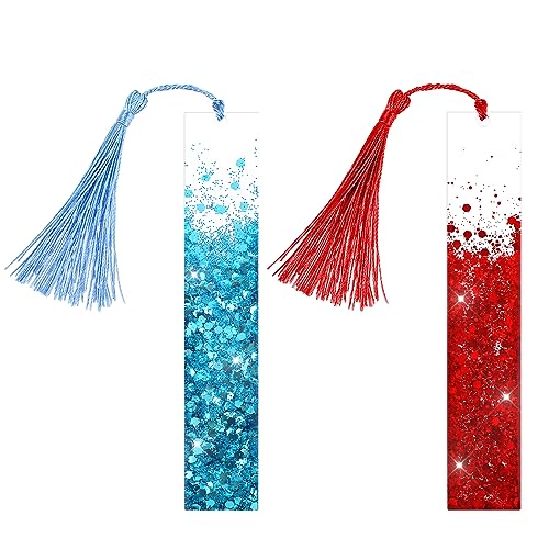 TIESOME 2pcs Glitzerpulver Lesezeichen, getrocknete Blumen Harz bookmark, handgefertigt transparenter Seitenmarker mit bunter Quaste für Erwachsene Frauen Teenager Kinder Geschenk(rot+blau) von TIESOME