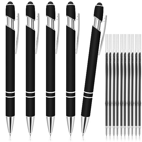 TIESOME 5 Stück Kugelschreiber mit Stylus-Spitze, einziehbare 2 in 1 Stylus Pens Stylischer Stift mit 10 Minen, Metall-Stylus-Stift für Touchscreens, 1,0 mm Schwarze Tinte Kugelschreiber (Schwarz) von TIESOME