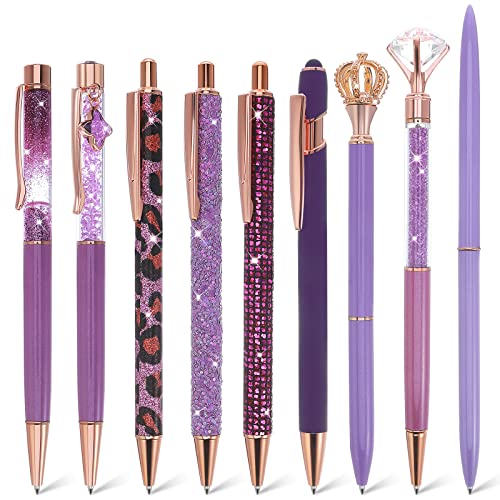 TIESOME 9Pcs Cute Ballpoint Pens Set, lila Fancy Stifte Bling Glitter Metall Stift für Journaling mit schwarzer Tinte einziehbare Stifte Geschenk für Frauen Mädchen Brautjungfer Hochzeit (Lila) von TIESOME