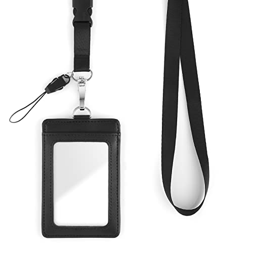 TIESOME Ausweishalter aus echtem Leder mit Lanyard, Umhängeband durchsichtiger Ausweisfenster Kartenschutz für Lehrer Krankenschwester (vertikal) von TIESOME