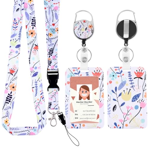 TIESOME Ausweishalter mit einziehbarem Umhängeband, Blumenmuster Kunststoff Kartenhalter modisches Umhängeband zum Umhängen Ausweisschutz harter Ausweishalter mit abnehmbarem Umhängeband (Weiß) von TIESOME