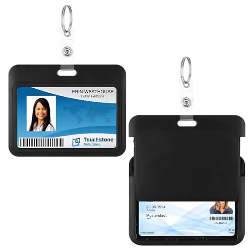 TIESOME verschiebbarer Ausweishalter mit Schlüsselring, 2 Stück vertikales Kartenetui aus schwarzem Kunststoff strapazierfähig durchsichtiges Fenster Kartenschutzhülle Namensschildhalter (Horizontal) von TIESOME