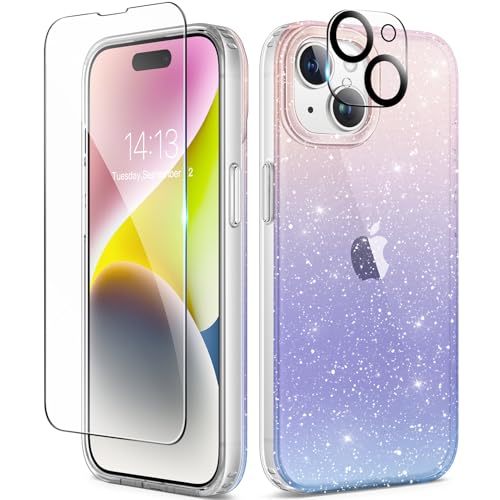 TIESZEN 5 in 1 Kompatibel mit iPhone 15 Hülle Glitzer, mit 2X Schutzfolie + 2X Kameraschutz, Anti-Yellowing iPhone 15 Transparent Weiche TPU Dünn Stoßfest Kratzfest Handyhülle für 6.1 Zoll,Multicolor von TIESZEN