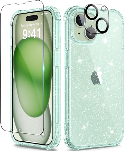 TIESZEN 5 in 1 Kompatibel mit iPhone 15 Hülle Glitzer, mit 2X Schutzfolie + 2X Kameraschutz, [Anti-Yellowing] iPhone 15 Transparent Weiche TPU Dünn Stoßfest Kratzfest Handyhülle für 6.1 Zoll, Mintgrün von TIESZEN