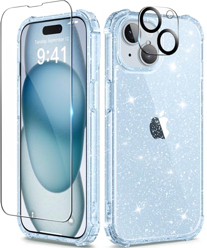 TIESZEN 5 in 1 Kompatibel mit iPhone 15 Hülle Glitzer, mit 2X Schutzfolie + 2X Kameraschutz, [Anti-Yellowing] iPhone 15 Transparent Weiche TPU Dünn Stoßfest Kratzfest Handyhülle für 6.1 Zoll, Blau von TIESZEN