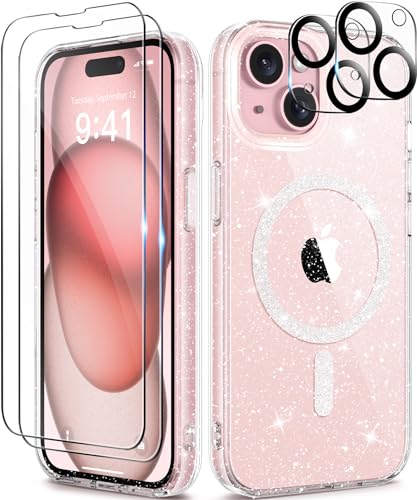 TIESZEN Kompatibel mit iPhone 15 Hülle, Glitzer, mit 2 x Displayschutzfolie + 2 x Kameraobjektivschutzfolie, [kompatibel mit Magsafe] Klar Sparkle Slim Shockproof Phone Cover für Frauen 6,1 Zoll, von TIESZEN