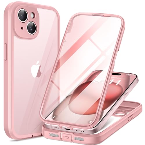 TIESZEN Kompatibel mit iPhone 15 Plus Fall, mit integriertem 9H Gehärtetem Glas Bildschirmschutz für 2X Kamera-Objektiv-Schutz Staubdichtes Cover Entworfen Full Body Rugged Shockproof Case 6,7" Pink von TIESZEN