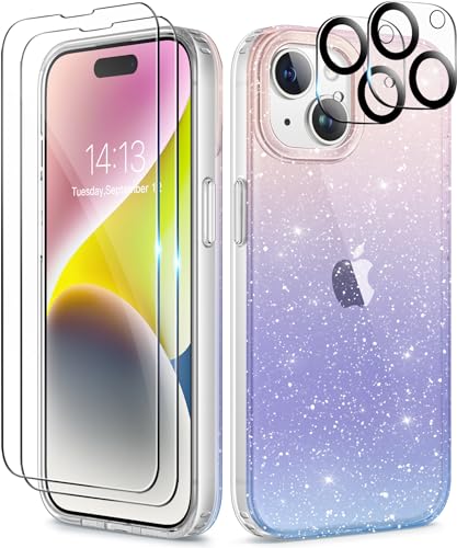 TIESZEN Kompatibel mit iPhone 15 Plus Hülle, [5 in 1] mit 2X Displayschutzfolie für Kamera Objektiv Schutz, [Nicht vergilbt] Crystal Clear Shockproof Hard Phone Case für Frauen 6.7",Gradient von TIESZEN